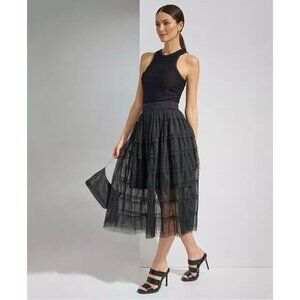 DKNY Midi Skirt Womens Large Black Tiered Tulle Lined A-Line Sheer Balletcore‎ L